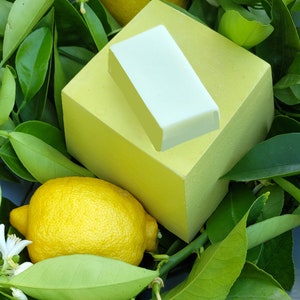 Puede incluir: Un lim&oacute;n amarillo se encuentra sobre un lecho de hojas verdes, junto a una pastilla de jab&oacute;n cuadrada de color verde claro. La pastilla de jab&oacute;n est&aacute; sobre un cuadrado amarillo m&aacute;s grande.