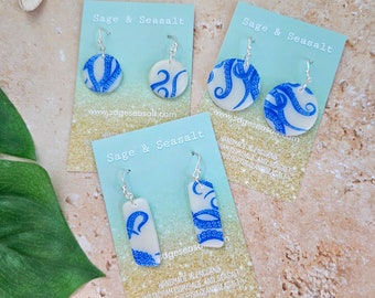 Octopus Tentacles Blue & White Porcelain Effect ~ Polymer Clay Earrings ~ Underwater Coastal Jewellery ~ Cornish Cornwall Style ~ Kraken