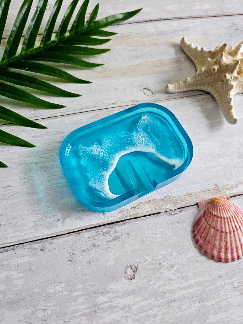 Bright Blue Resin Soap Dish Wave Froth Pattern Beach Vibes Coastal Home Decor Seaside Coast Living image 4