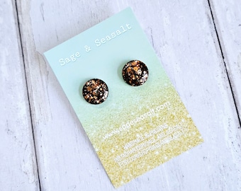 Bronze & Brown Glitter Resin Large Stud Earrings ~ Autmn Winter Jewellery ~ Sterling Silver ~ Domed Earrings