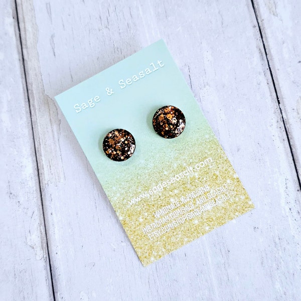 Bronze & Brown Glitter Resin Large Stud Earrings ~ Autmn Winter Jewellery ~ Sterling Silver ~ Domed Earrings