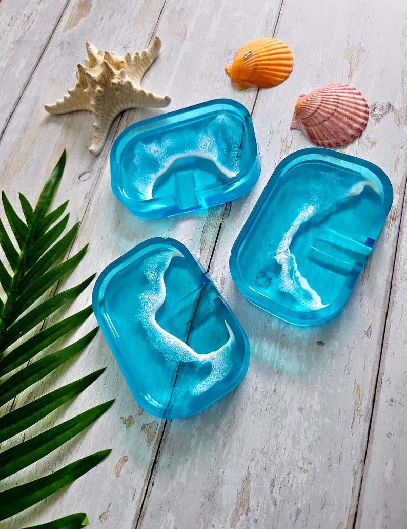 Bright Blue Resin Soap Dish Wave Froth Pattern Beach Vibes Coastal Home Decor Seaside Coast Living image 2