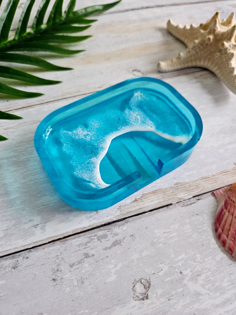 Bright Blue Resin Soap Dish Wave Froth Pattern Beach Vibes Coastal Home Decor Seaside Coast Living image 5