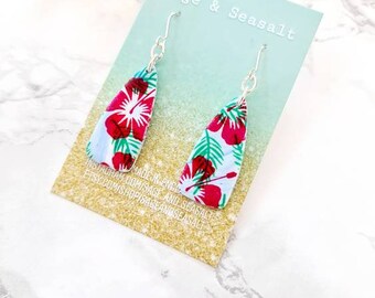 Red & Blue Hibiscus Tropical Jungle Hawaiian Earrings ~ Handmade Tiki Jewellery