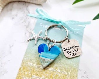 Beach Lover Keyring Key Chain ~ Cold Water Swimming ~ Handmade Real Sand Beach Heart ~ Silver Starfish Sea Charm ~ Wild Swimmer Gift