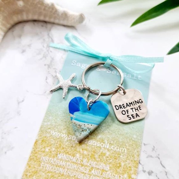 Beach Lover Keyring Key Chain ~ Cold Water Swimming ~ Handmade Real Sand Beach Heart ~ Silver Starfish Sea Charm ~ Wild Swimmer Gift