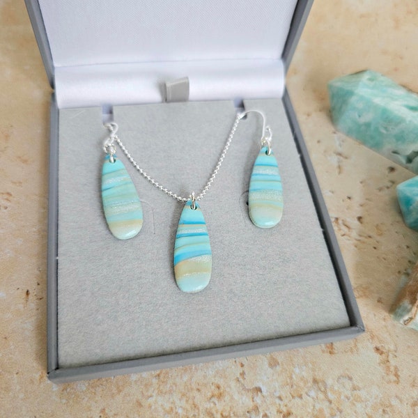 Faux Caribbean Calcite Teardrops Crystal Gemstone Jewellery Set ~ Sterling Silver 18" ~ Earrings Pendant Necklace Boxed ~ Hemimorphite