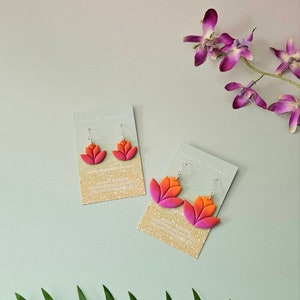 Pink & Orange Ombre Lotus Flower Earrings ~ Lightweight Polymer Clay ~ Spiritual Boho Hippie Meditation Yoga Waterlily Jewellery