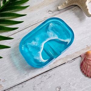 Bright Blue Resin Soap Dish Wave Froth Pattern Beach Vibes Coastal Home Decor Seaside Coast Living image 3