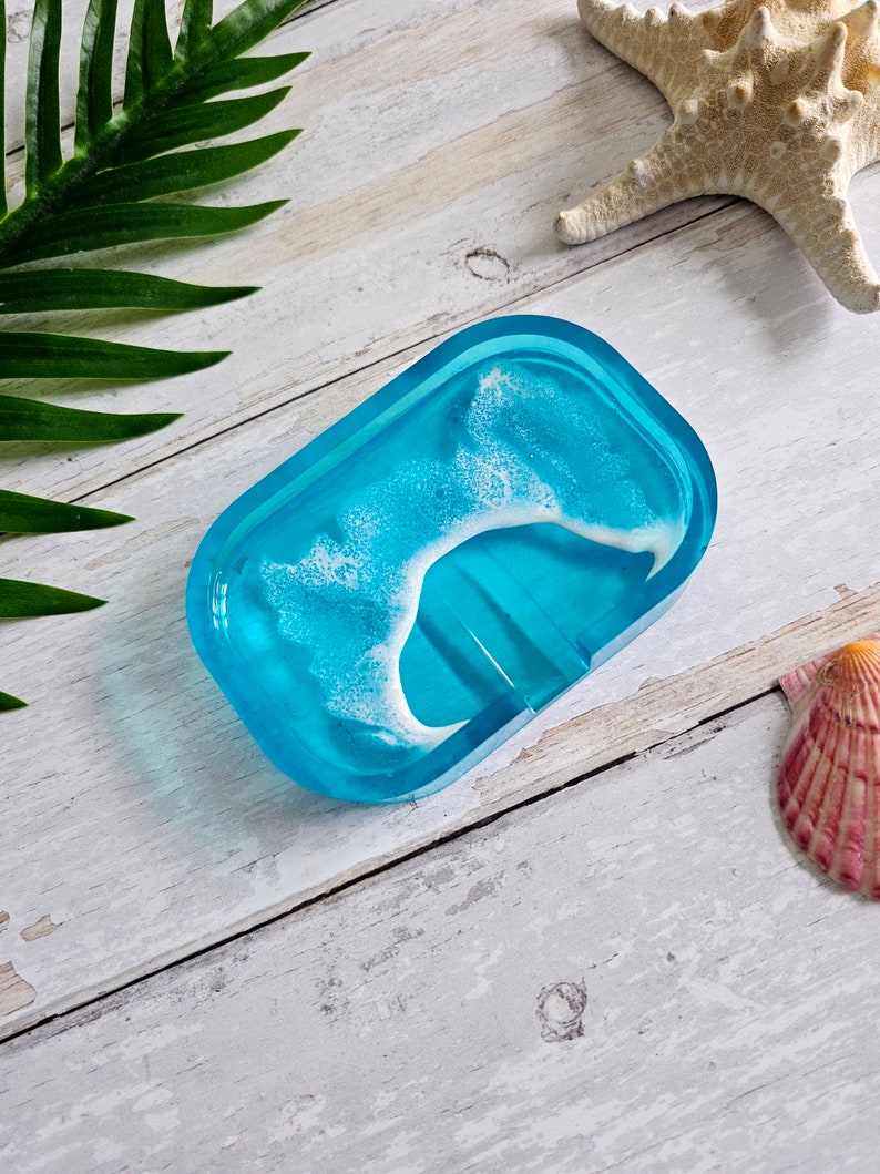 Bright Blue Resin Soap Dish Wave Froth Pattern Beach Vibes Coastal Home Decor Seaside Coast Living image 3