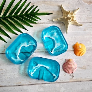 Bright Blue Resin Soap Dish Wave Froth Pattern Beach Vibes Coastal Home Decor Seaside Coast Living image 1