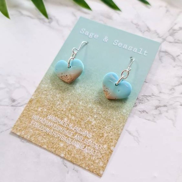 Cornish Beach Pastel Aqua Mint Blue Seascape Heart Shaped Earrings ~ Made with Real Sand ~ Gift For Her ~ St Ives Cornwall Coastal Jewellery