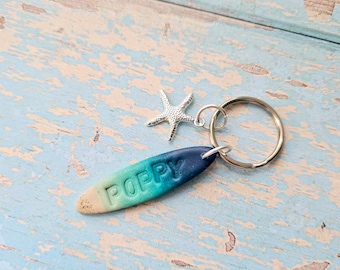 Personalised Surfboard Keyring Key Chain ~ Cold Water Wild Swimming Lover ~ Swimmer Gift ~ Scottish Harris Luskentyre Hebrides Sand Seascape