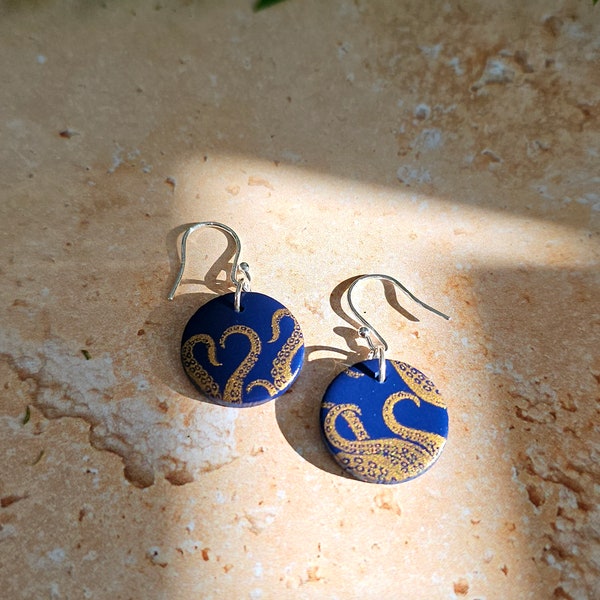 Octopus Tentacles Navy Blue & Gold ~  Dangle Or Stud Polymer Clay Earrings ~ Underwater Coastal Jewellery ~ Cornish Cornwall Style ~ Kraken