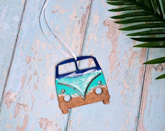 Turquoise Blue Camper Van Surf Wave Resin Beach Sea Ornament ~ Mirror Hanger ~ Real Cornish Sand ~ Road Trip ~ Van Life ~ NC500 ~