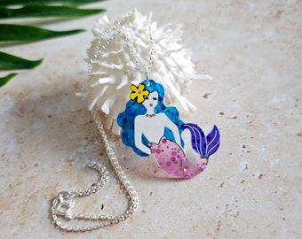 Glitter Mermaid Acrylic Pendant Necklace ~ Lightweight ~ Tropical Tiki Statement Jewellery ~ Sterling Silver 18 Inch Chain~ 1950s Pin Up