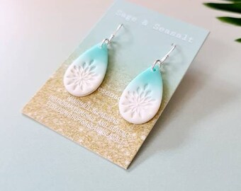 Mint Turquoise White Ombre Floral Starburst Embossed Earrings ~ Handmade Teardrop Shaped Polymer Clay ~ Boho Beach