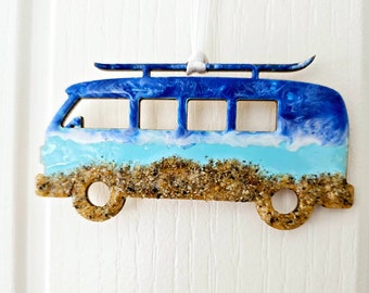 Blue Camper Surf Wave Resin Beach Sea Ornament ~ Mirror Hanger ~ Real Scottish Sand ~ Road Trip ~ Van Life Lover ~ NC500