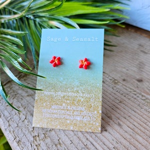 Red Plumeria Hibiscus Flower Tiki Stud Earrings ~ Handmade ~ 1950s Vintage Style  ~ Tropical Hawaiian ~ Polynesian Tropical Floral ~ 10mm