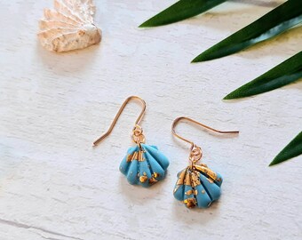 Blue & Copper Mini Sea Shell Dangle Earrings ~ Coastal Jewellery Jewelry ~ Rose Gold Plated Or Sterling Silver