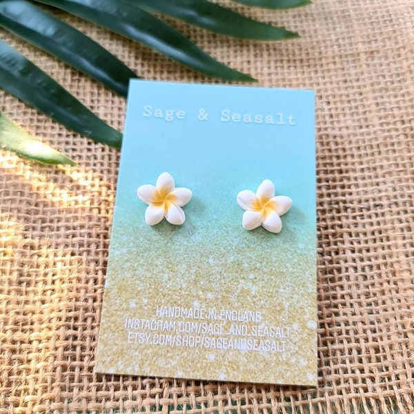 White & Yellow Plumeria Frangipani Stud Earrings ~ Boho Tropical Hawaiian Flower Earrings Jewellery Jewelry ~ Boho Surf California Beach