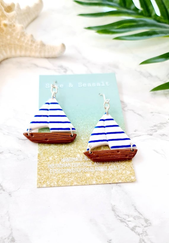 Sailing Yacht Earrings ~ Cornish Stripes ~ Lightweight Polymer Clay ~ Boho Beach Boat Jewellery Jewelry