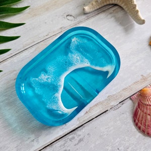 Bright Blue Resin Soap Dish Wave Froth Pattern Beach Vibes Coastal Home Decor Seaside Coast Living image 6