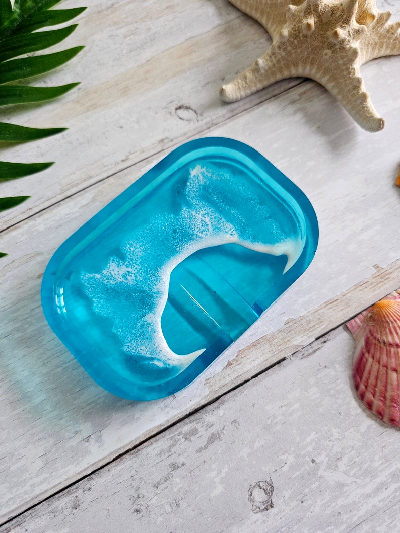 Bright Blue Resin Soap Dish Wave Froth Pattern Beach Vibes Coastal Home Decor Seaside Coast Living image 6