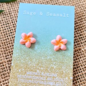 Plumeria Stud Earrings: Pink & Yellow Tropical Flower, Sterling Silver