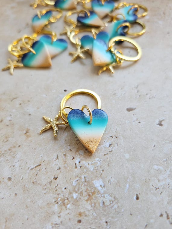 Beach Heart Keyring: Gold Starfish Charm, Suffolk Sand, Polymer Clay