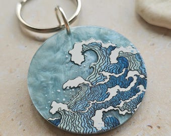 Great Wave Kanagawa Acrylic Keyring ~ Key Chain ~ Cold Water ~ Wild Swimming ~ Swimmer Lover Gift ~ Japanese Inspired ~ Blue White Surf