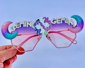 Gemini Sign Sunglasses Custom Glasses Astrology Sun Horoscope Zodiac Birthday Gifts Festival Rave Pastel Purple Jewelry Lover Moon Bespoke