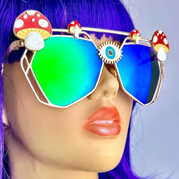 Mushroom Sunglasses Rave Glasses Festival Outfit Women Set Amanita Mushroomcore Shroom Trippy Psychedelic EDC EDM Burning Man Men Party Gift