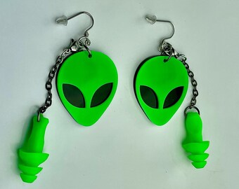 Green Alien Head Earplug Earrings Ear Protection Concert Rave Outfit Festival Outer Space EDM UFO Music Festival Womens Accessories Cosmic