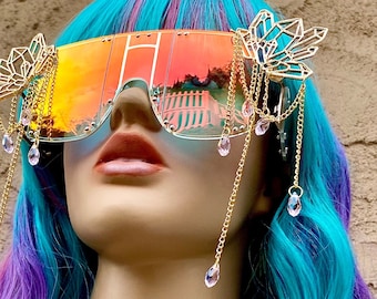 Occhiali da sole in cristallo, occhiali geometrici dorati, outfit da rave, festival, accessori oversize, visiera con perline e strass, regalo con gemma