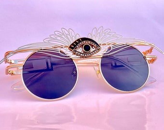 Winged Eye Steampunk Sunglasses Burning Man Black Gold Trippy Psychedelic Third Evil Eye 3rd Lens Glasses Rave Festival Ravewear Outfit Mens