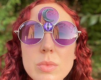 Tredje ögat solglasögon månen ockulta glasögon utsmyckade ravefestival dekorerade solglasögon anpassade geometriska wicca psykedeliska Burning Man