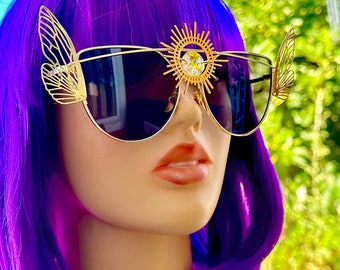 Sun Catcher-zonnebril Wing-bril Caleidoscoop Third Eye Rave Festival-outfit gevleugeld psychedelisch Rave Burning Man-accessoires aangepast goud