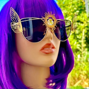 Sun Catcher Sunglasses Wing Glasses Kaleidoscope Third Eye Rave Festival Outfit Winged Psychedelic Rave Burning Man Accessories Custom Gold