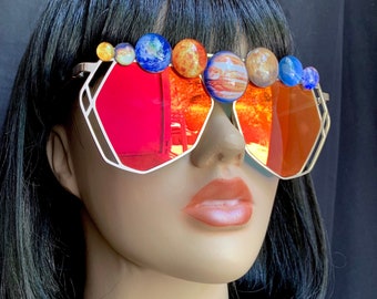 Cosmic Universe Sunglasses Rave Festival Outfits Third Eye Custom Glasses Psychedelic Burning Man Alien Outer Space Solar System Saturn Moon