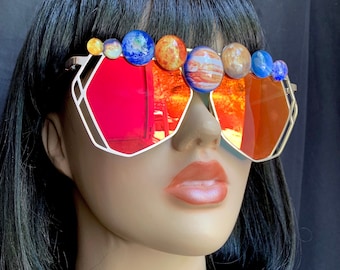 Cosmic Universe Sunglasses Rave Festival Outfits Third Eye Custom Glasses Psychedelic Burning Man Alien Outer Space Solar System Saturn Moon