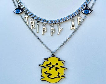 Trippy Smiley Face Pendant Psychedelic Rave Necklace Festival Trippy Accessories Evil Eye Art Y2K Acrylic Jewelry Women Outfit Acid LSD