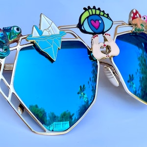 Third Eye Sunglasses Embellished Rave Festival Decorated Sunnies Shades Custom Mirror Geometric Glasses Psychedelic Burning Man Jewelled image 5