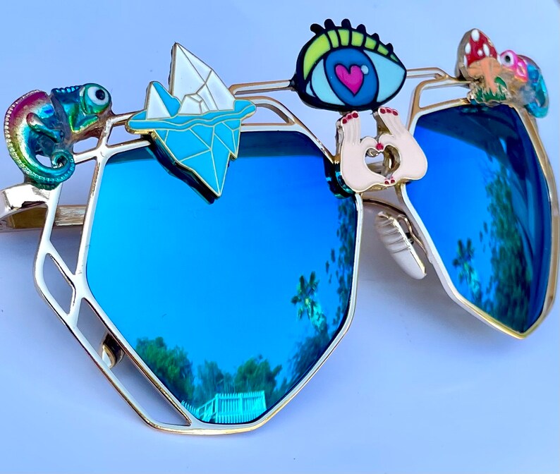 Third Eye Sunglasses Embellished Rave Festival Decorated Sunnies Shades Custom Mirror Geometric Glasses Psychedelic Burning Man Jewelled image 5