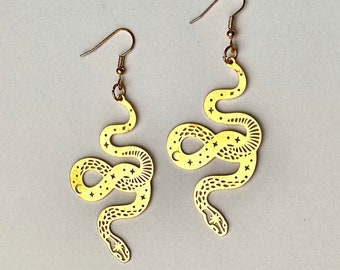 Gold Snake Earrings Celestial Serpent Jewelry Witch Witchy Alt Astrology Gift Moon Dangle Rave Festival Accessories Medusa Gothic Goth Punk