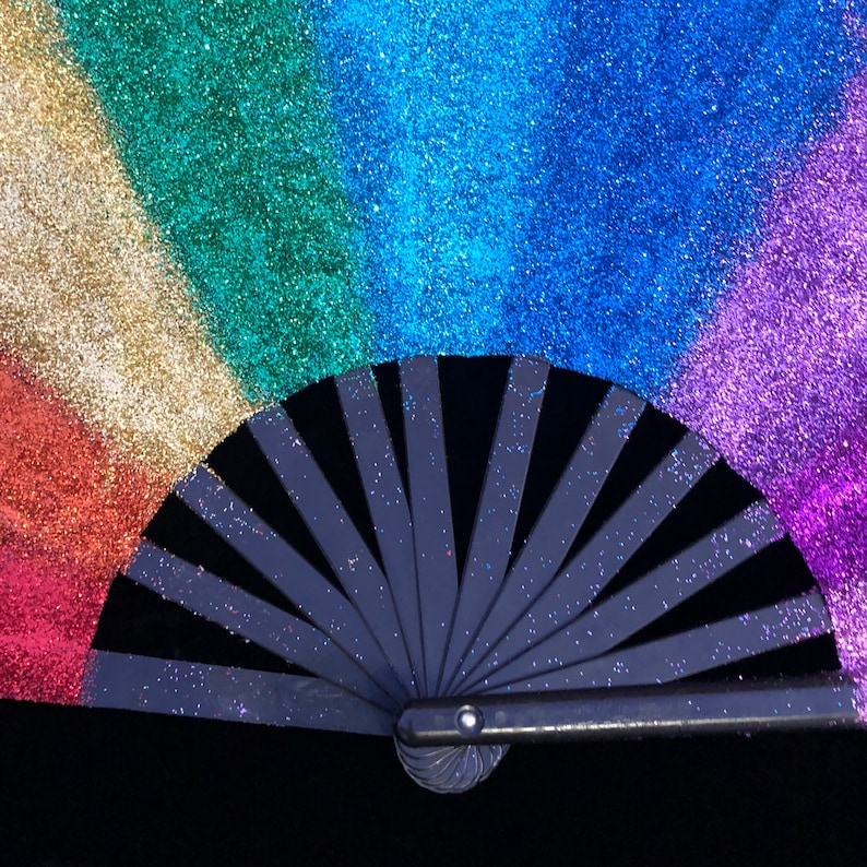 Rave Folding Fan Glitter Hand Fan Pride EDC Rainbow Large Etsy