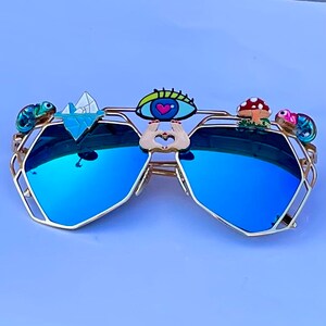 Third Eye Sunglasses Embellished Rave Festival Decorated Sunnies Shades Custom Mirror Geometric Glasses Psychedelic Burning Man Jewelled image 7