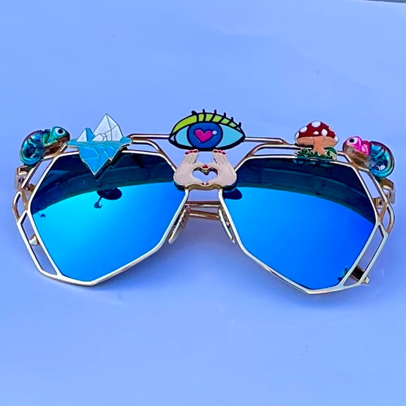Third Eye Sunglasses Embellished Rave Festival Decorated Sunnies Shades Custom Mirror Geometric Glasses Psychedelic Burning Man Jewelled image 7