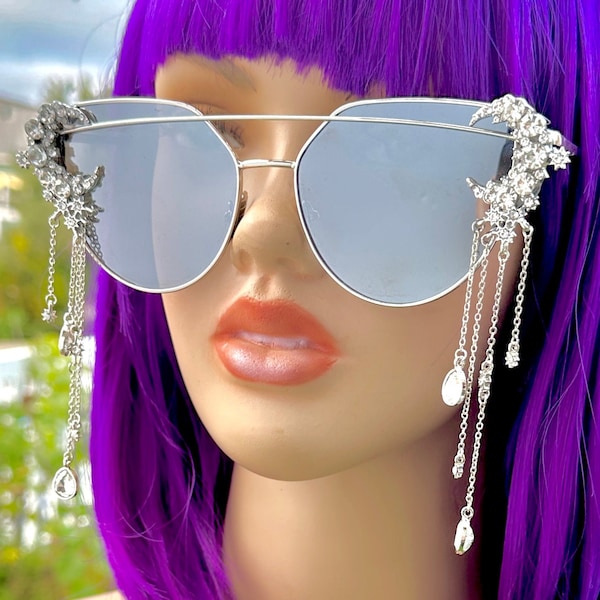 Crescent Moon Sunglasses Witchy Celestial Goddess Rhinestone Music Festival Glasses Silver Cat Eye Custom EDM EDC Rave Outfit Women's Gift