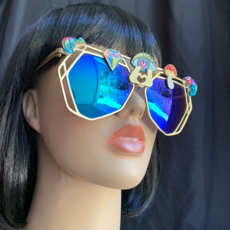 Third Eye Sunglasses Embellished Rave Festival Decorated Sunnies Shades Custom Mirror Geometric Glasses Psychedelic Burning Man Jewelled image 2